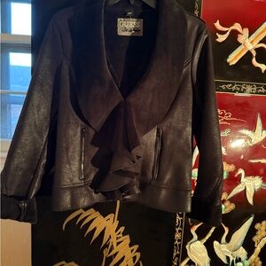 Black leather Guess jacket with suede collar detail